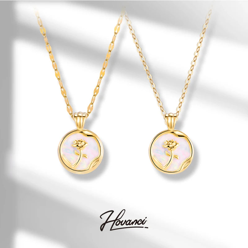 HOVANCI 2022 New Flower Classic Elegant Rose Medal Pendant 14k Gold Plated Stainless Steel Necklace