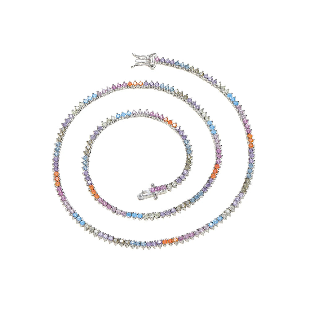 BC140 2mm 3 Prong Colorful Stone Tennis Chain Women Tennis Necklace Hip Hop Jewelry