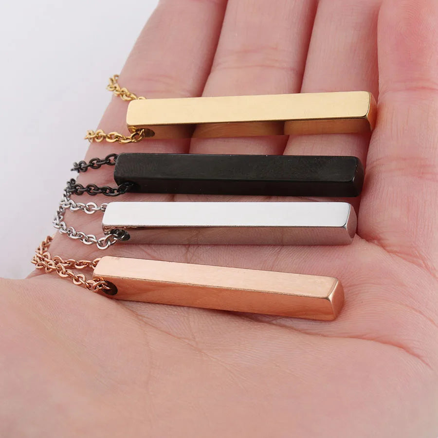 Custom Personalized Logo Engraved Gold Plated Stainless Steel Link Chain Cuboid Pendant Bar Necklace for Women Wedding Trendy