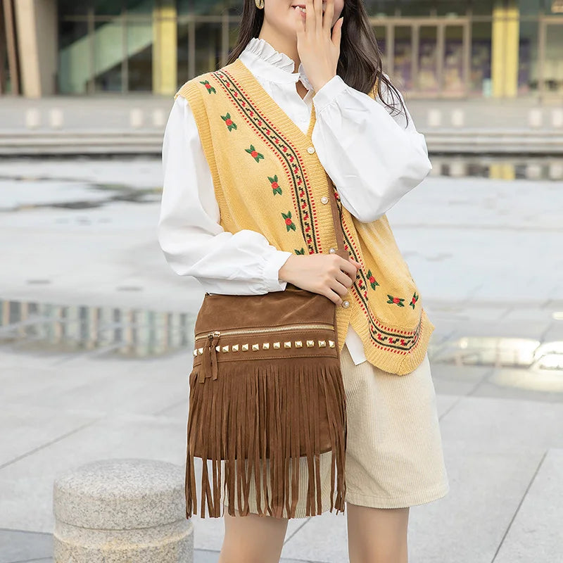 Fashion Fringe Rivet Crossbody Purse Willow Tassel Casual Wild Women Shoulder Bag