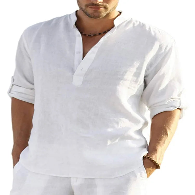 Men's Polos New Casual Blouse Cotton Linen Shirt Loose Tops Long Sleeve Tee Shirt Spring Autumn Casual Handsome Men's