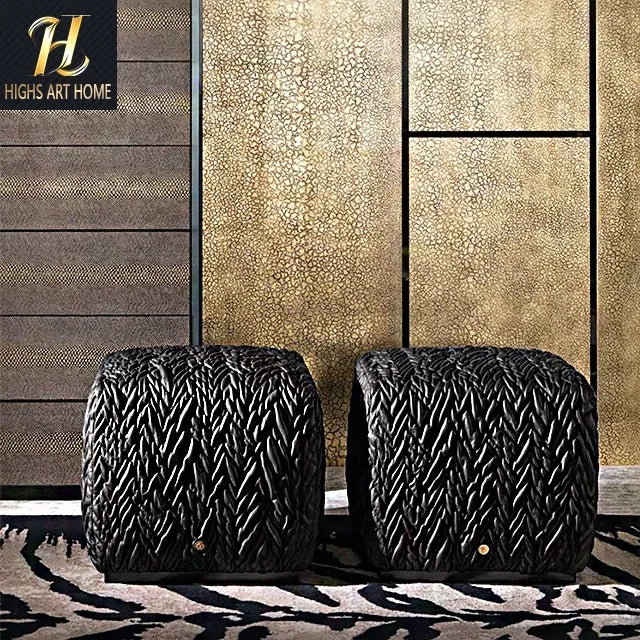 Italian Light Luxury Imported Original Embroidery Square Wrinkle Dressing Stool Villa Bedroom Black Leather Bed End Stool
