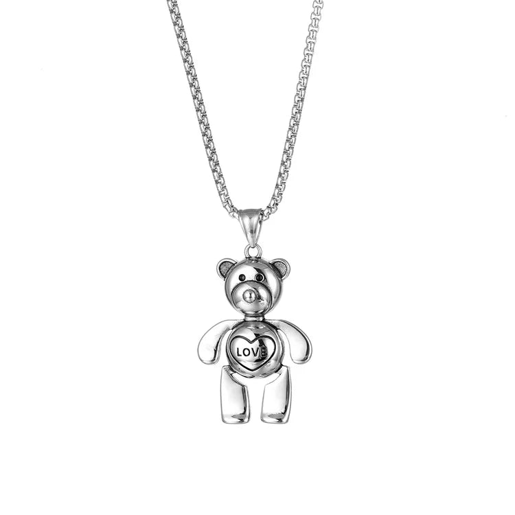 316L Stainless Steel Men's Teddy Bear Love Heart Charm Pendant Necklace with Link Chain for Party Anniversary Gift
