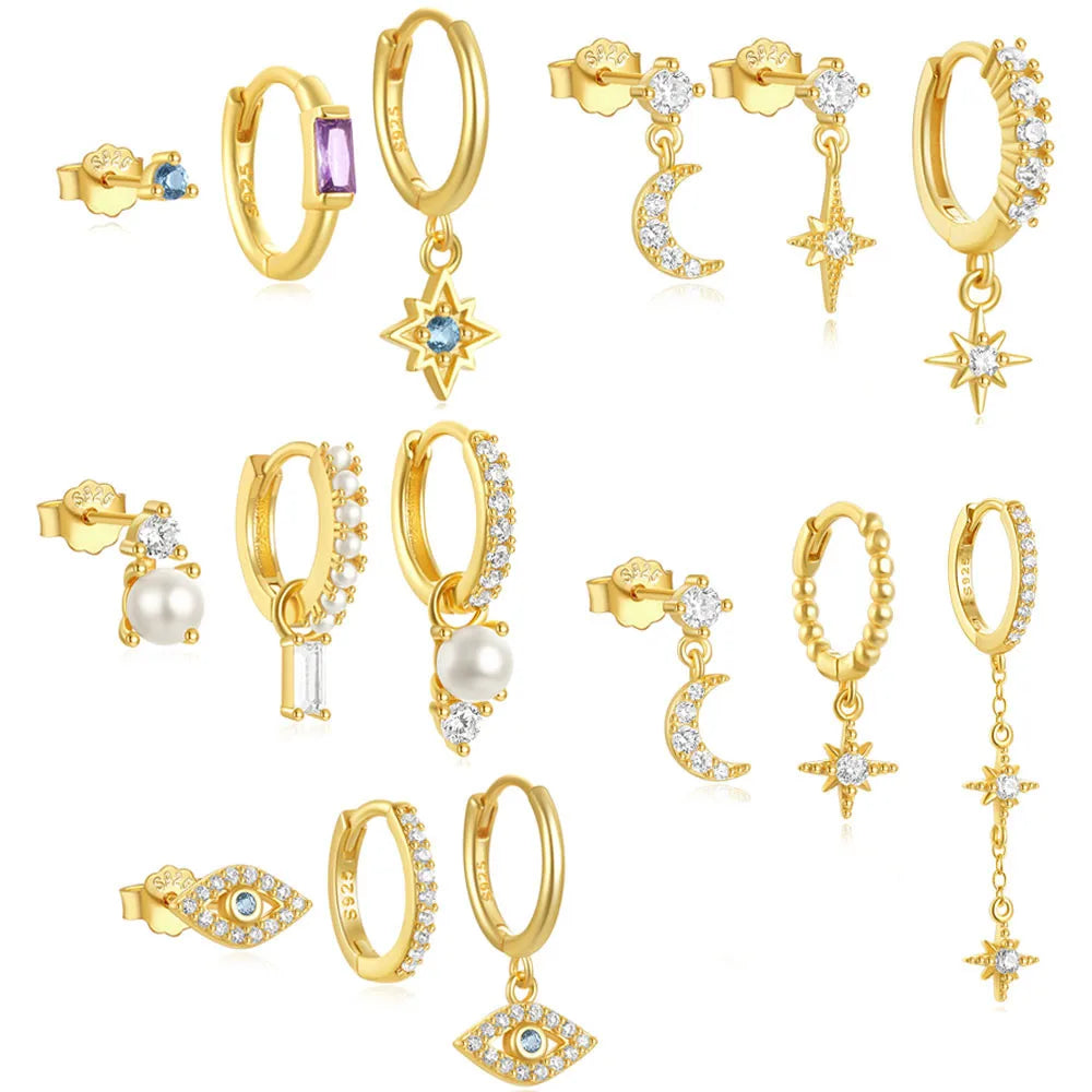 Fashion Jewelry 925 Sterling Silver Statement Earrings Set Moon Star Evil Eye Zircon Pearl Gold Plated Stud Hoop Earrings Women
