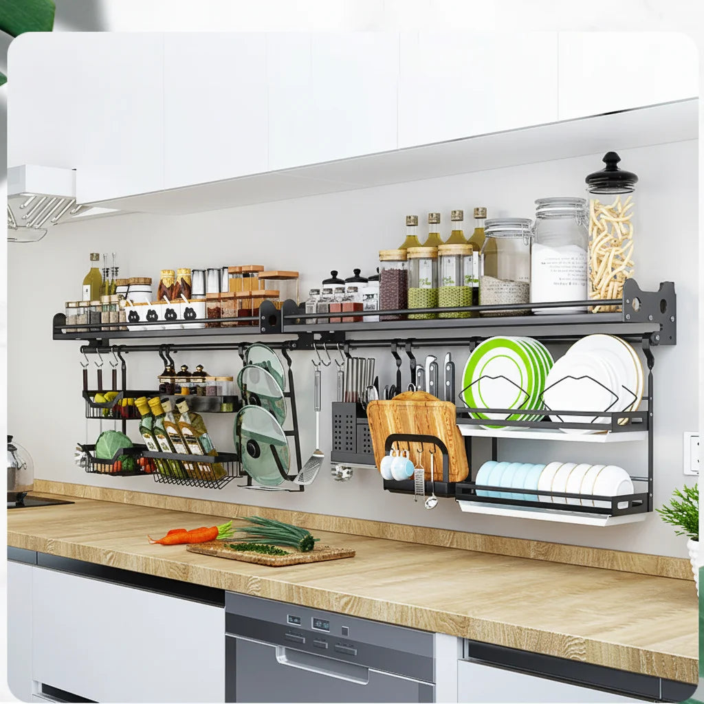 Kitchen Organizer Storage Shelf Plate Rack Large Wall-Mounted Storage Set Organizadores De Cocina Accesoir Kitchenware Storage