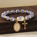 SC Jewelry New Design Cubic Zirconia Virgin Mary Bracelet Gold Plated Cross Pendent Bracelet Blue Flower Ceramic Beaded Bracelet