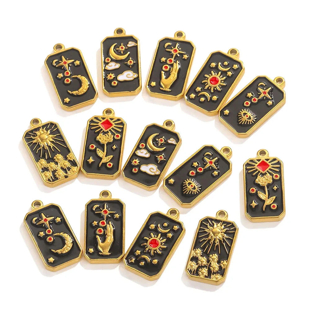 PVD 18K Gold Enamel Flower Sun Square Pendant High Quality Stainless Steel Rectangle Star Black Necklace Charm for DIY Jewelry