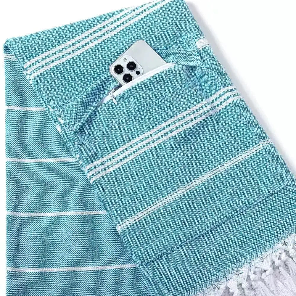 Cotton Turkish Beach Towel with Fringe Stripe Zipper Wrapped Quick-drying Pocket Towel