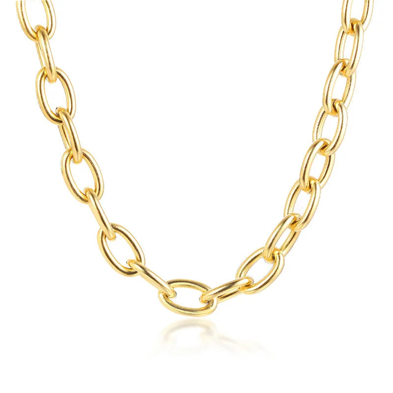 Women Trendy Women Stainless Steel Gold Plated Punk Chunky Curb Link Necklace OT Clasp Toggle Big Rectangle Oval Chain Necklace