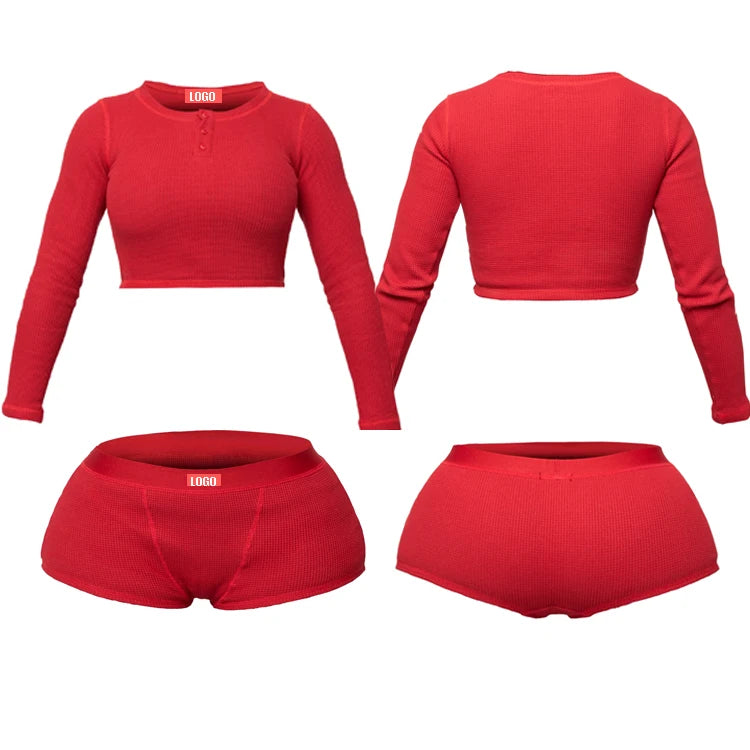 Loungewear Women Sets Custom Cotton Rib Plus Size Crop Longsleeve Shirts and Boy Shorts Women Lounge Wear Two 2 Piece Short Set