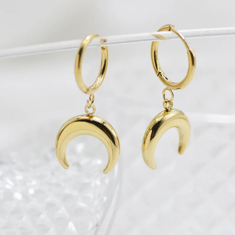 HIH Wholesale Minimalism Jewelry 14K Gold Stainless Steel Horn Moon Charm Earrings Women