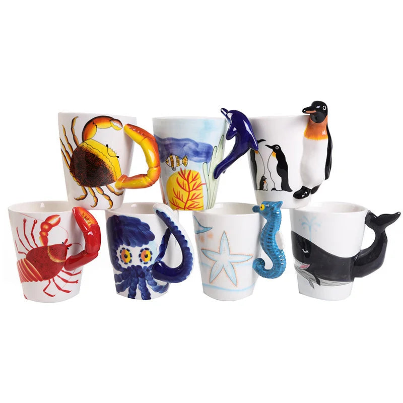 Creative 3D Design Ceramic Coffee Mug Sea Animal Dolphin Hippocampus Crab Lobster Whale Modern Cartoon Design Business Gift Box