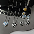 Vintage Retro Earrings Female Checkerboard Love Pendant Ear Rings and Neck Lace Beads Heart Checker Board Checkered Necklace