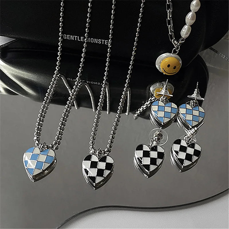 Vintage Retro Earrings Female Checkerboard Love Pendant Ear Rings and Neck Lace Beads Heart Checker Board Checkered Necklace