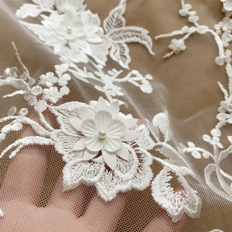 Luxurious 100% Polyester Mesh Lace Embroidered Wedding Dress Headwear Fabric with Beautiful Leaf Sequin Applique and 3D Detail