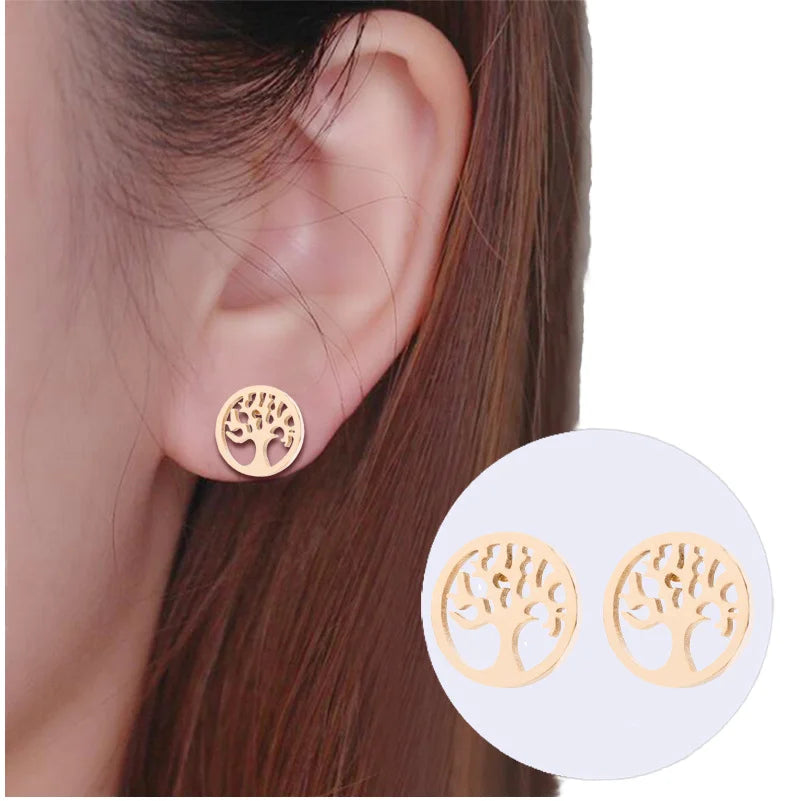 Silver Rose Gold Black Plated Stainless Steel Charm Earrings Christmas Gift for Girls-Reindeer Palm Leave Tree Clover Stud