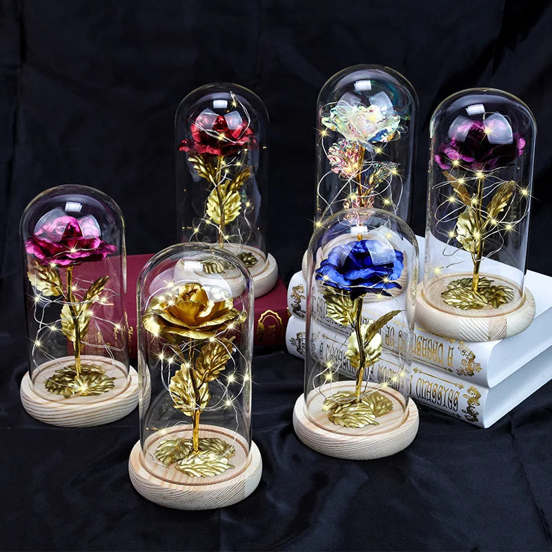 Valentines Day LED Light Glass Dome Gift Box with Eternal Life Rose Flower for Mother's Day Anniversary Decorative Plants