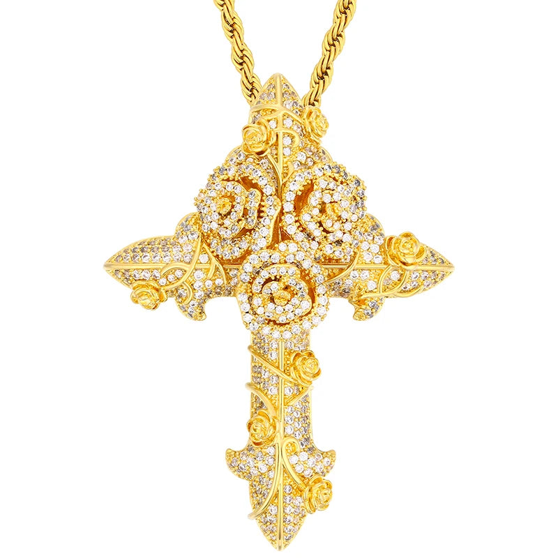 Factory Wholesale Hip Hop Jewelry Luxury Gold Plated Brass CZ Diamond Iced Out Rose Cross Necklace Pendant for Men Women