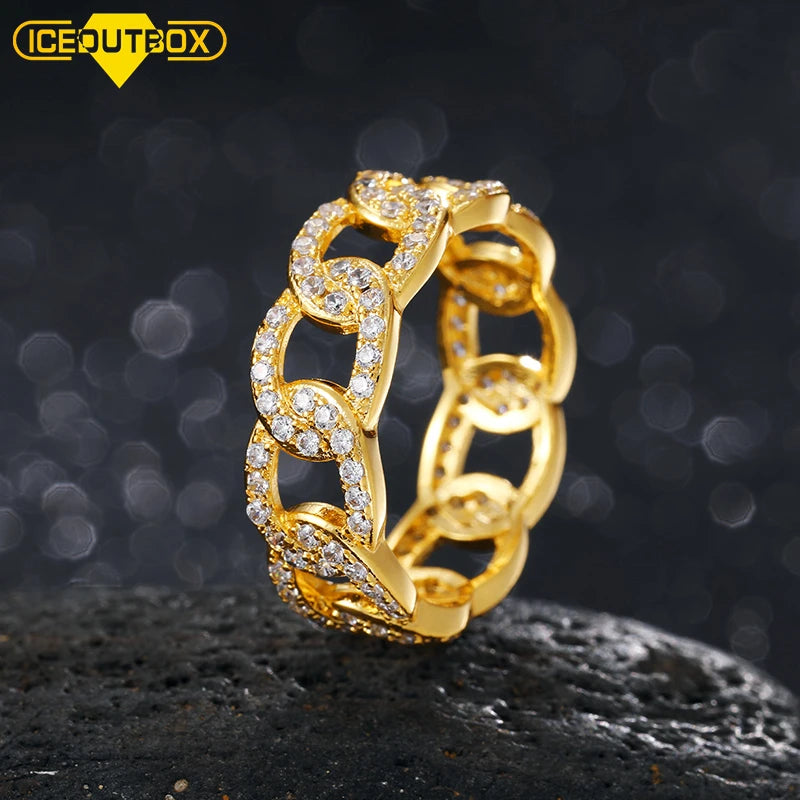 Luxury Gold Plated Brass Miami Cuban Link Chain Ring Iced Out Cz Bling Chain Design Hiphop Rock Women Finger Jewelry