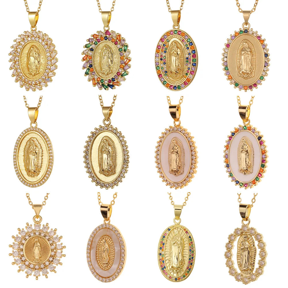 Mexico Fashion Jewelry Women's Religious Oval Shaped Medal CZ Zircon Mother of Pearl Virgin Mary Pendant Necklace Jewelry