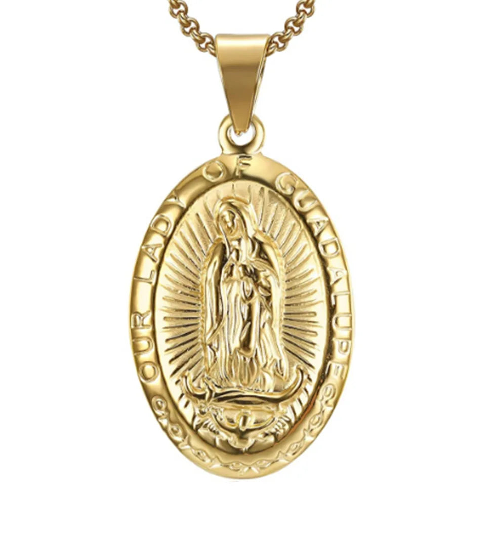 Vintage Stainless Steel Gold Plate Mama Virgin Mary Quincera 53x27mm Pendant Necklace Jewelry Hip Hop Unisex No Chain