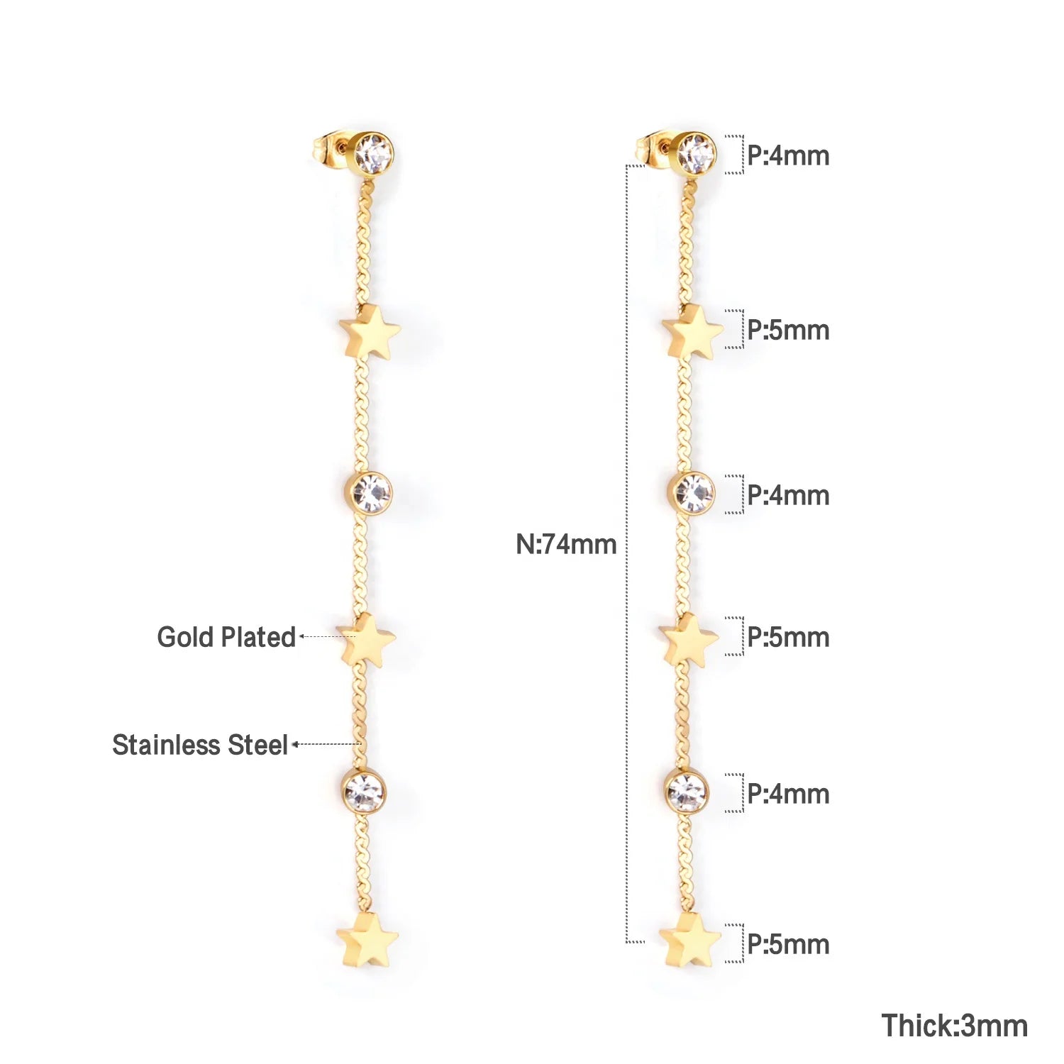 Hot Selling 18k Gold Plated Stainless Steel Jewelry Long Earrings Chain Zircon Star Pendant Dangle Drop Earrings for Women