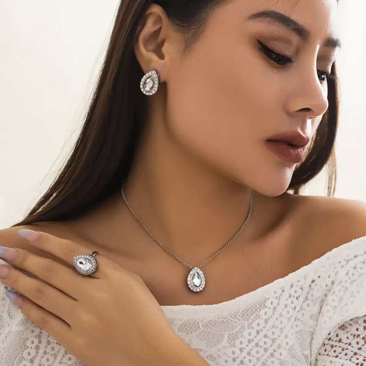 SHIXIN 3Pcs Luxury Water Drop Rhinestone Pendant Choker Necklace Stud Earrings for Women Wedding Bridal Goth Open Rings Jewelry