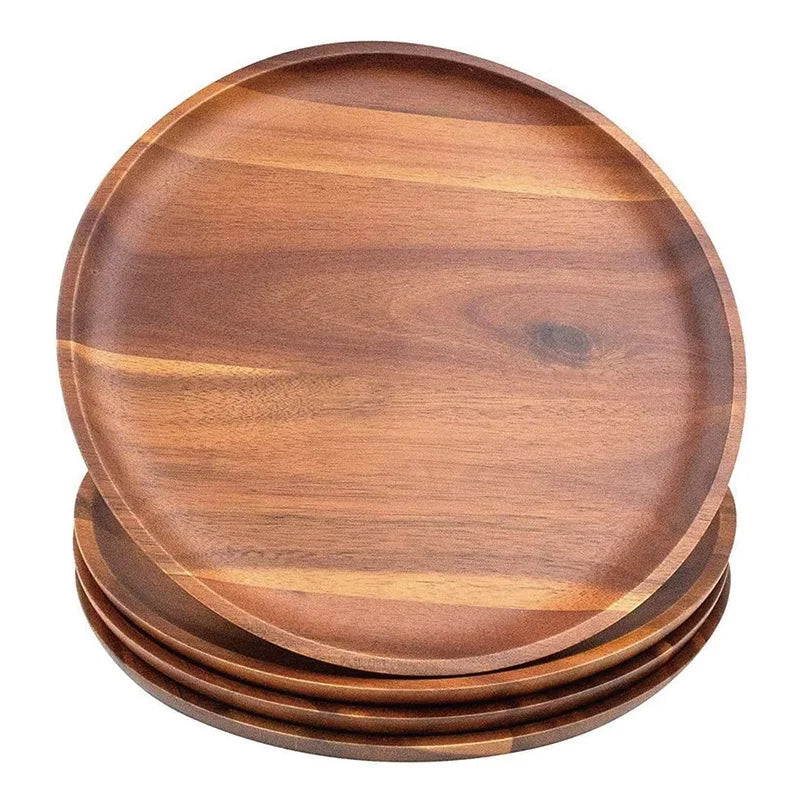 Hot Sale Round Solid Wood Food Plate Acacia Japanese Wooden Plate Sets Dishes Decorative Party Trays