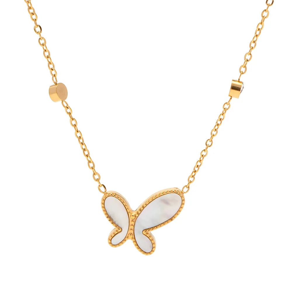 Waterproof Butterfly Pendant Necklace 18K Gold Plated Shell Zircon Material Jewelry for Gift