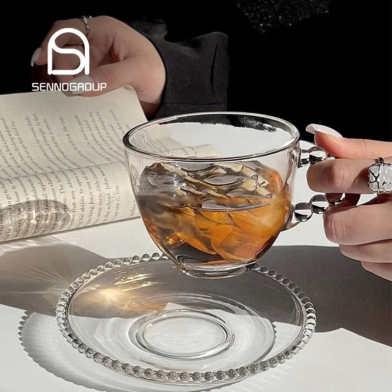 Vintage Tea Cup Set Creative Coffee Milk Tea Breakfast Cup Clear Glass Coffee Cup and Saucer Set With Bead Pearly Handle