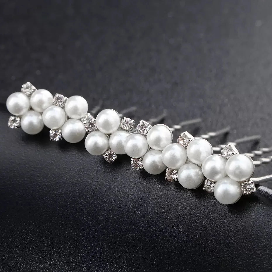 6PCS Set Rhinestone Pearl Flower Hair Jewelry Set Accessories U-shaped Wedding Bridal Crystal Hair Pin for Women Girls