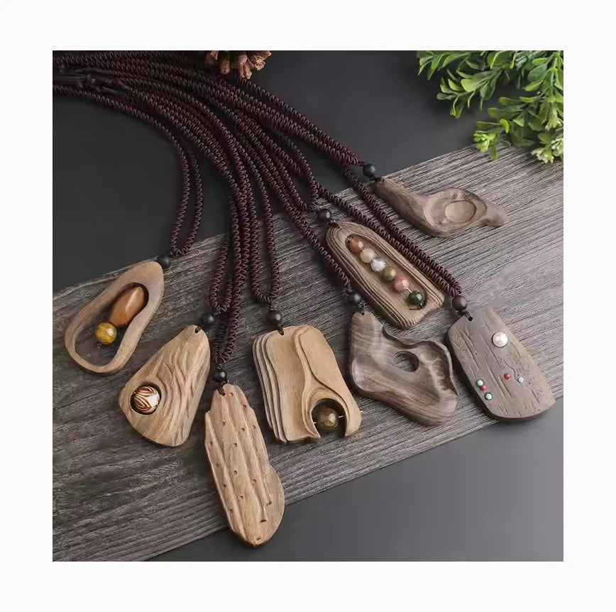 Vintage Design Wooden Inlaid Turquoise Bead Long Necklace Jewelry Handmade Engrave Chunky Wooden Pendant Necklace for Women