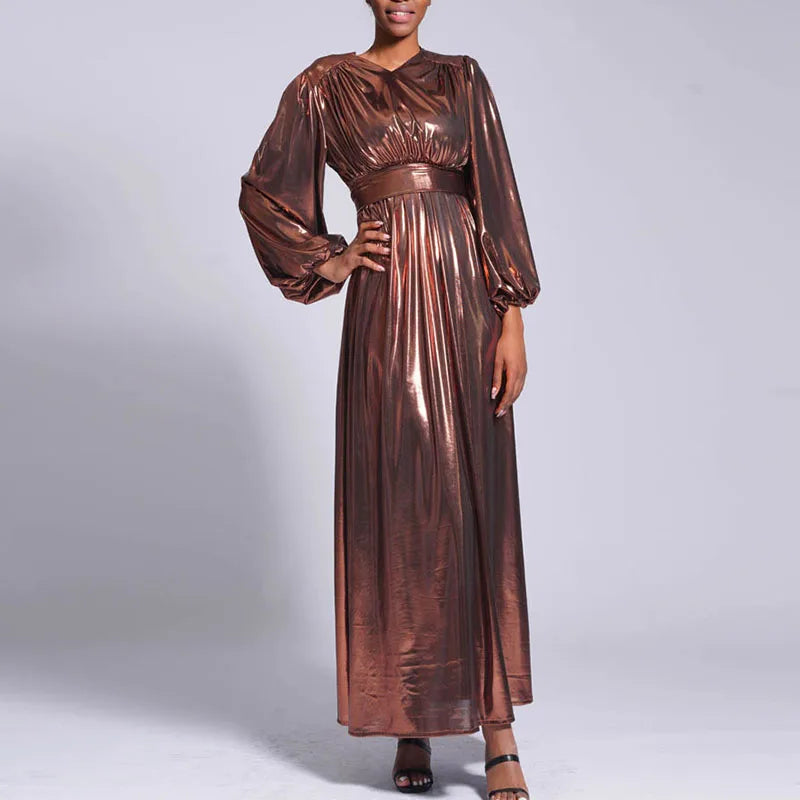 New Stretchy Islamic Clothing Ramadan Robe V Neck Long Sleeve Maxi Dress Elastic Cuff Shiny Smooth Abaya