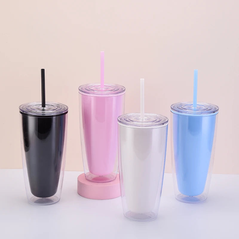 Simple Style Double Layer Plastic Drinking Tumbler for Home & Office Hot Coffee Cup with Straw Custom Logo 750ML Water Tumbler