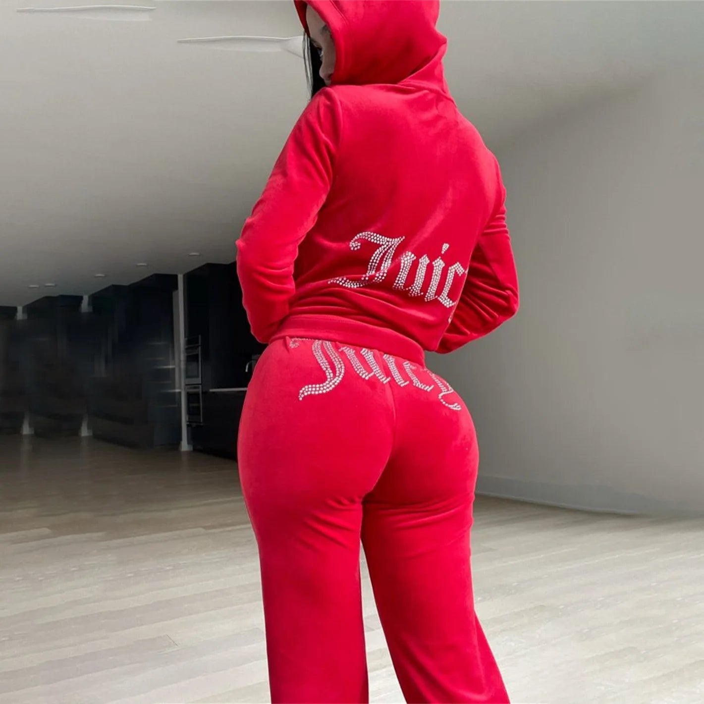 Custom Service Fashion Fall Velour Rhinestone Tracksuit Women Sweatpants and Hoodie Set