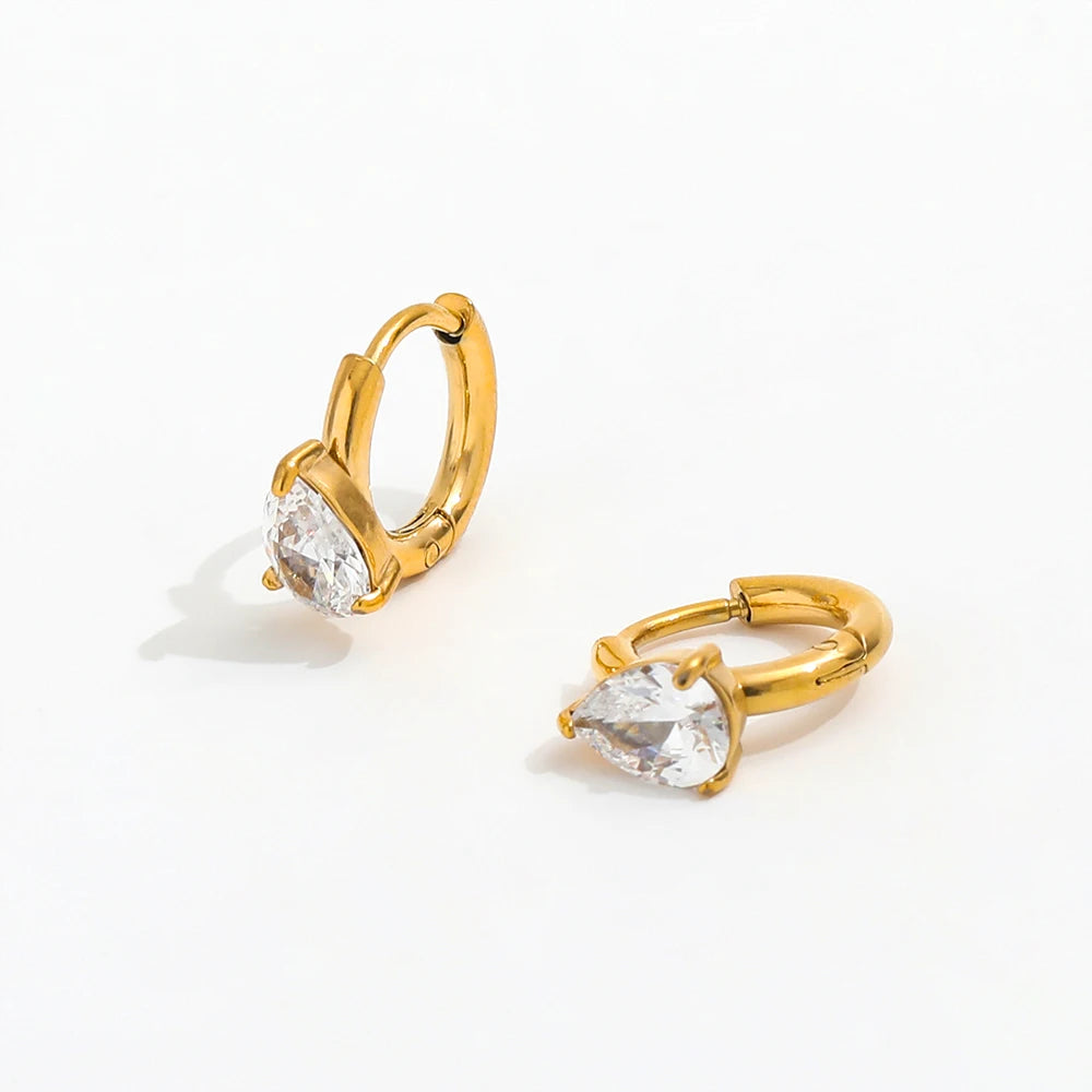 JOOLIM Jewelry High End 18K Gold Plated Water Drop Zirconia Huggie Hoop Stainless Steel Earrings Fashion Jewelry