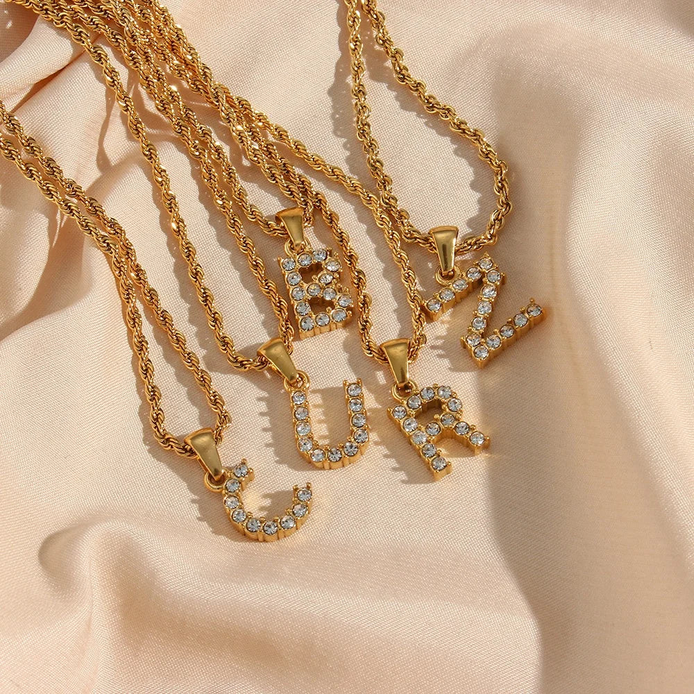 Chunky Rope Chain Zircon Initial Necklace 18K Gold Plated Stainless Steel PVD Gold Plated Jewelry