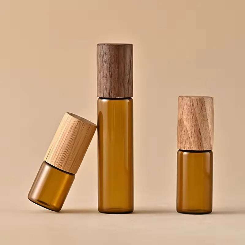 Amber Thin Glass Roll on Bottle 5ml 10ml for Essential Oil Perfume with Luxury Wood Cap  Refillable Metal Roller