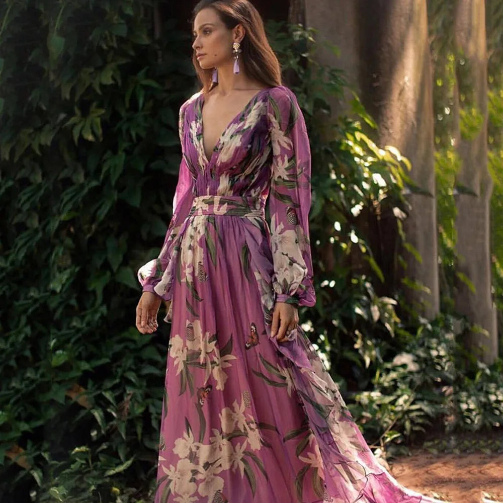 Summer New Women's Printed Dress V-Neck Long Sleeve Large Swing Long Dress