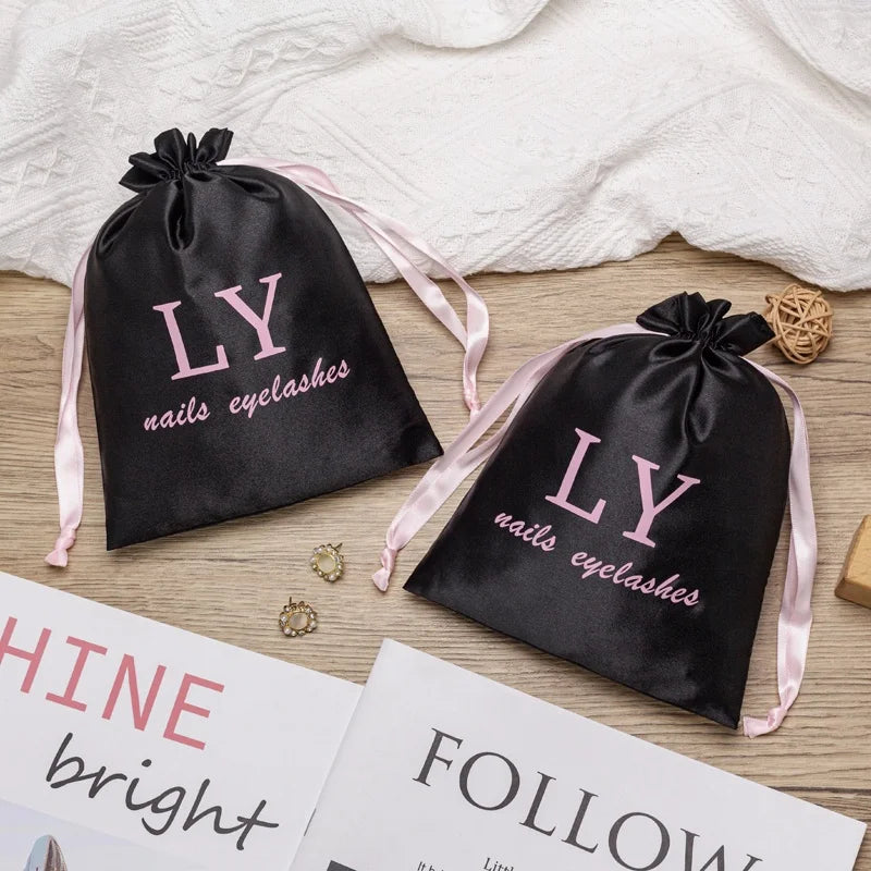 Customized  Logo Pouch Black Satin Jewelry Gift Bag Screen Printed Storage Satin Cosmetic  Drawstring Pouches Recyclable