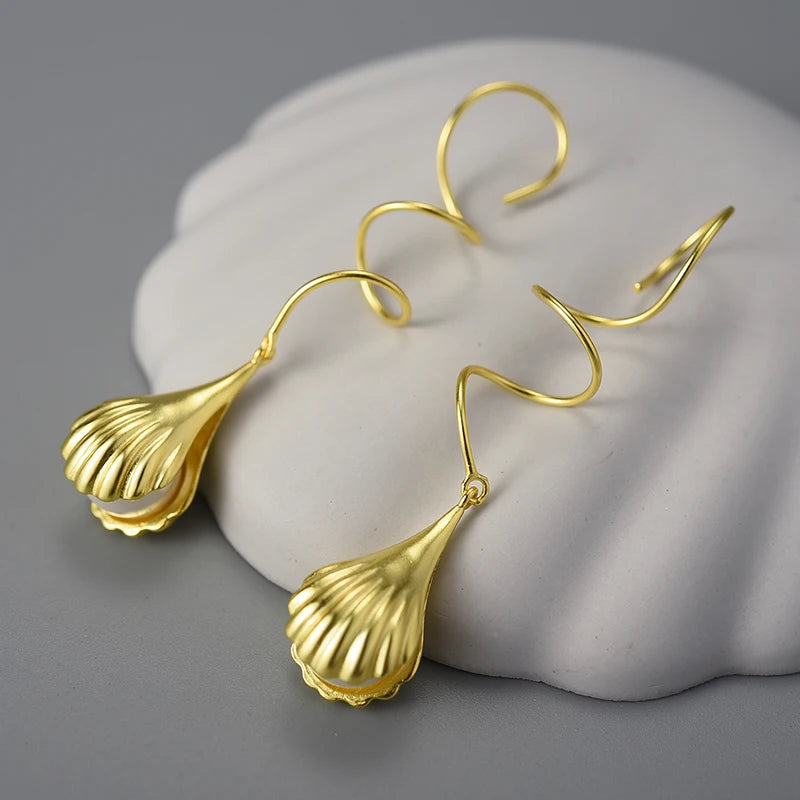 Beads in Shells Curve Long Drop Hanging Earring 925 Sterling Silver With 18k Gold Plated Earrings for Girl