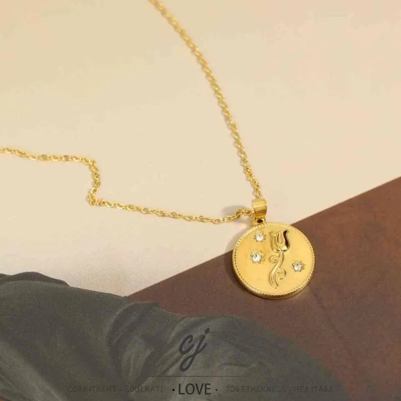 Carline Ross Zircon Fashion Stainless Steel Flower CZ Coin 18K Gold Plated Round Custom Pendant Necklace Jewelry Gifts for Women