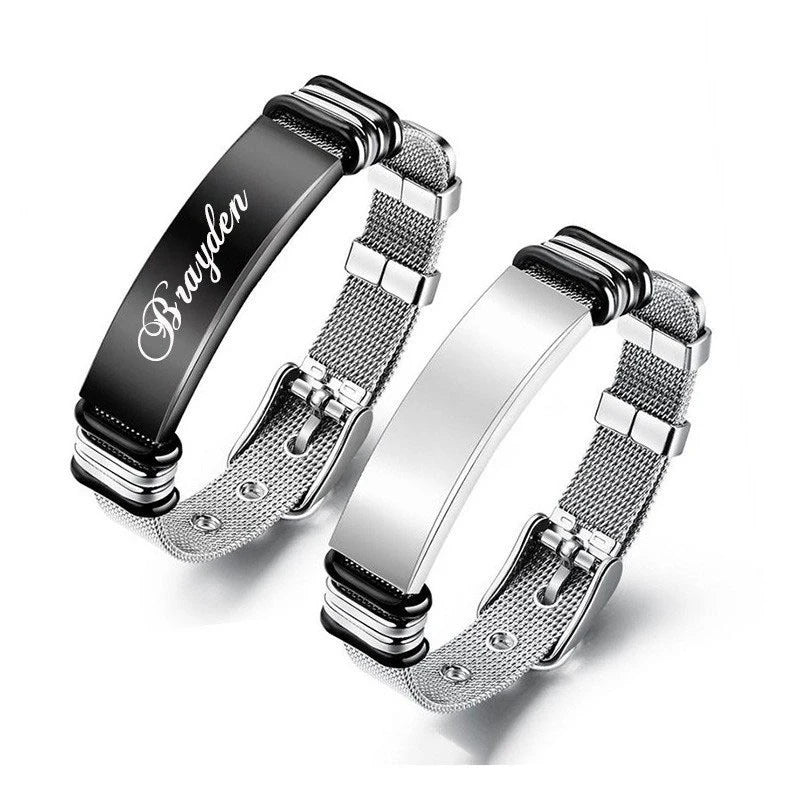 Men's Titanium Stainless Steel Personalized ID Engraving Wristband Father's Day Gift Silicone Armband Bracelet Watchband