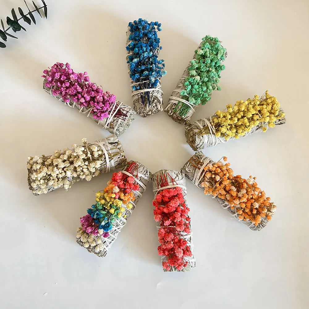 7 Chakra Dried Babysbreath Flower With White Sage Smudge Sticks for Cleansing House Negative Energy Sage Bundles With Floral