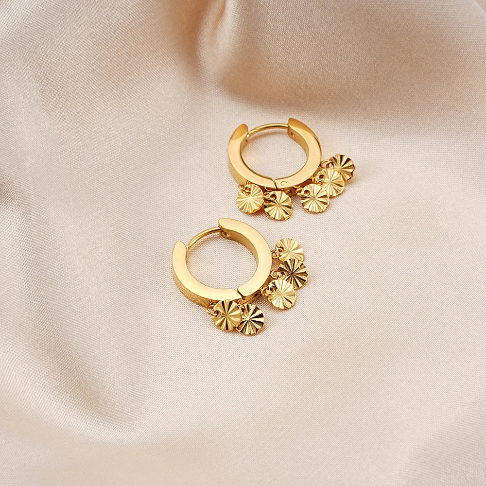 Women Stainless Steel Tiny Round Flower Disc Dangle Thick Pvd 18K Gold Plated Hoop Huggies Earrings