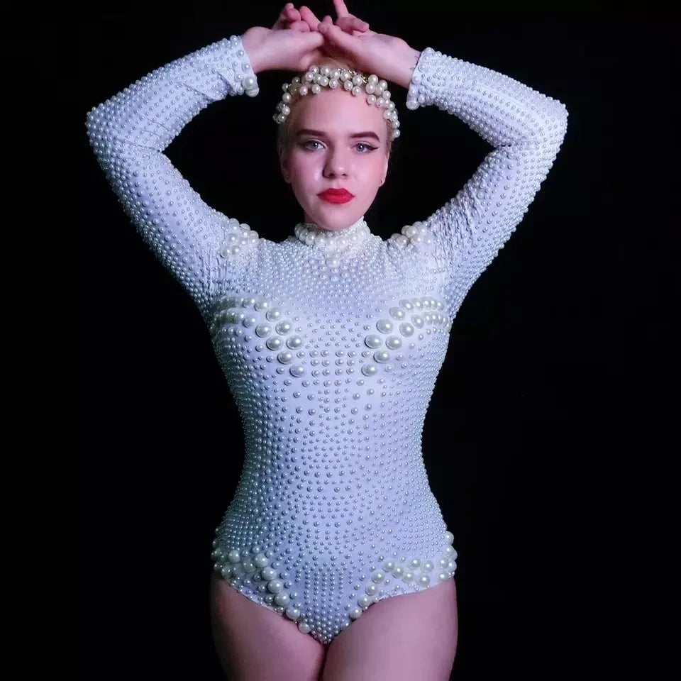 White Pearl Bodysuit Birthday Stage Outfit for Women Party Sparkly Short Bodycon Jumpsuit Sexy Stage Dance Wear