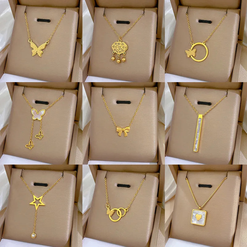 Fashion Geometric Flower Letter Pendant Necklace Stainless Steel Gold Plated Butterfly Heart Necklace for Women (KSS495)