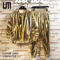 Dropshipping Men Gold Shiny Stage Suit - Fashion Loose Long Sleeve Top & Pants Set Casual Party Wear Costume Clothing