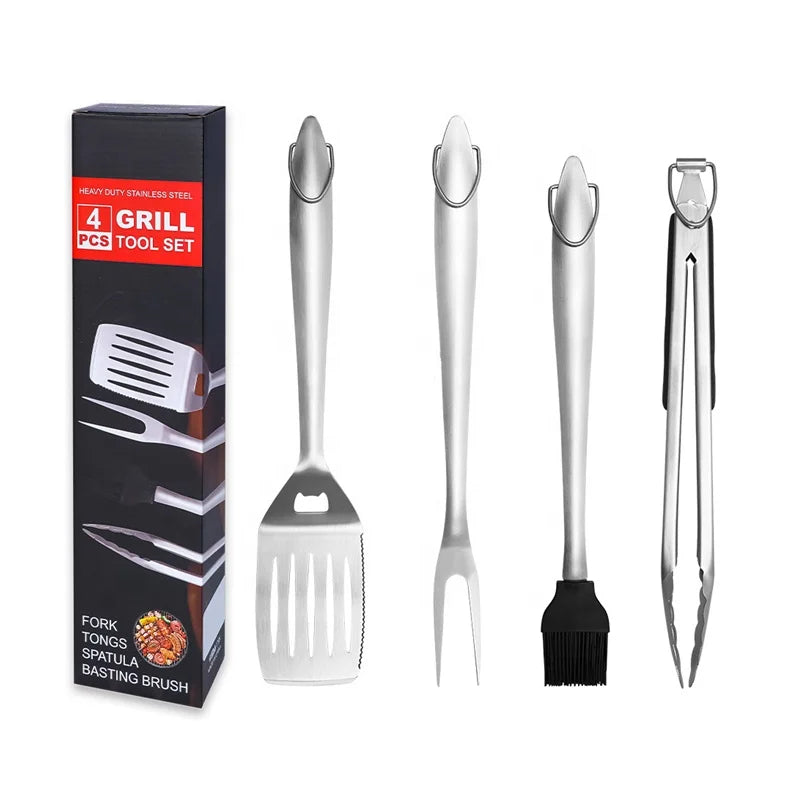 Custom Logo Heavy Duty 14 Inch Stainless Steel 4 Pcs BBQ Accessories Grill Tools Set for Outdoor Camping Grilling Cooking