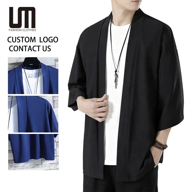 Custom Your Brand Logo Summer Men Clothing Casual Japanese Kimono Streetwear Cardigan Shirt
